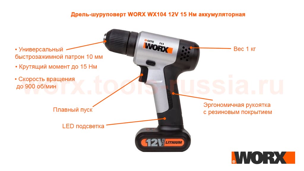 Дрель-шуруповерт WORX WX104 12V 15 Нм аккумуляторная