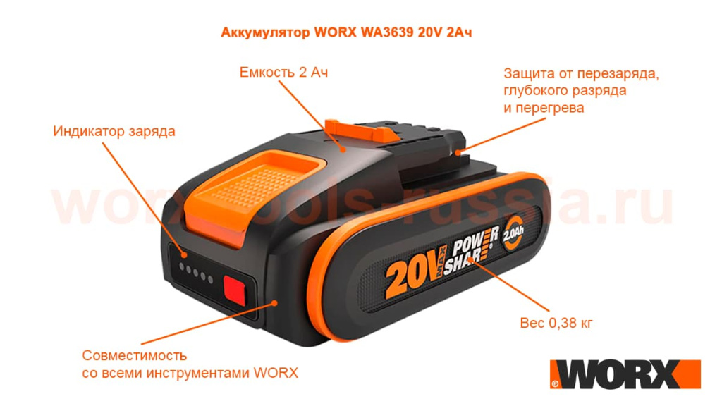 Аккумулятор WORX WA3639 20V 2Ач