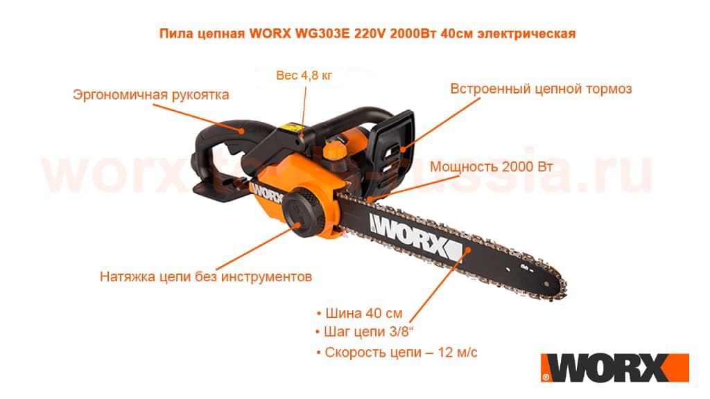 Пила цепная WORX WG303E 220V 2000Вт 40см электрическая